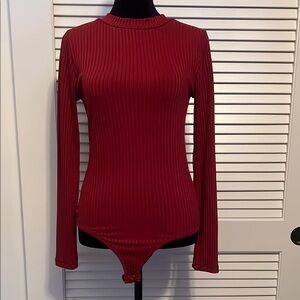 Elegant Red Ribbed Long Sleeve Bodysuit